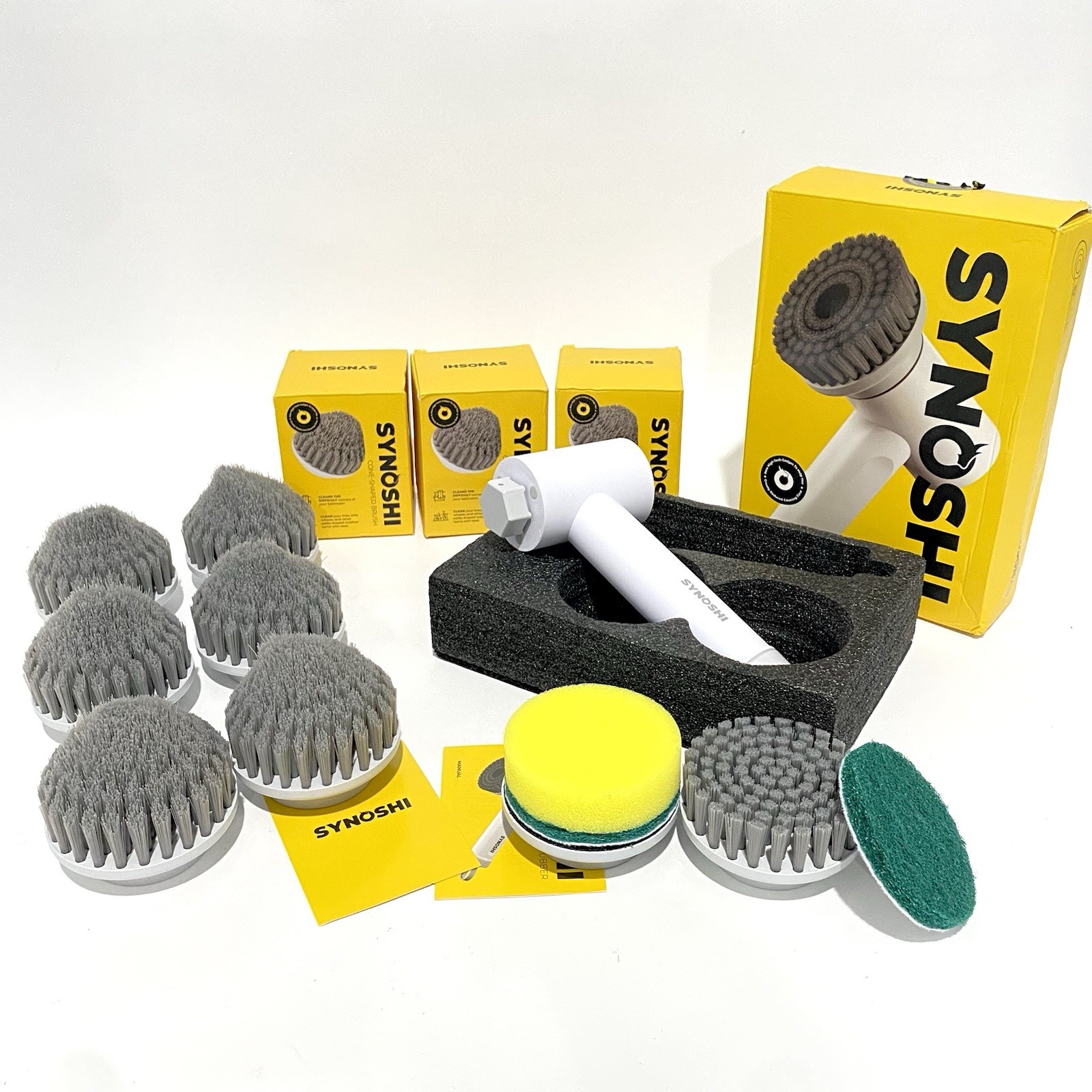 NEW Synoshi Power Spin Scrubber Cleaning Brush Kit Plus 6 Extra Cone Brushes