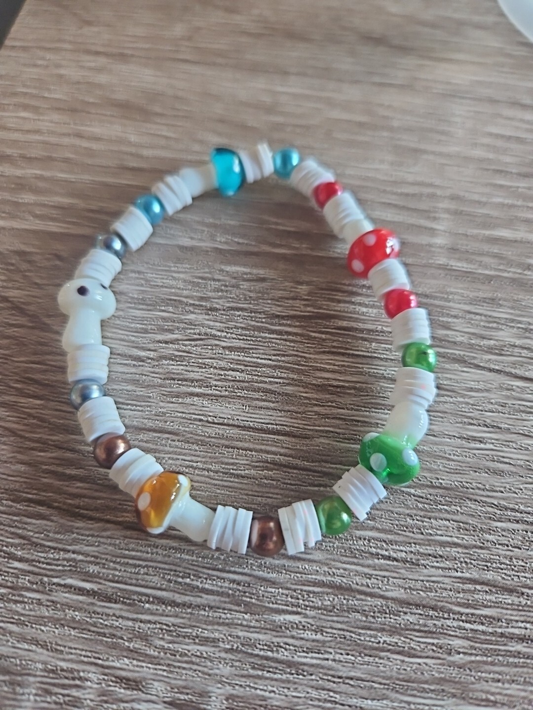 Handmade Stretchy Clay Beaded Multicolored Mushroom Bracelet (7")
