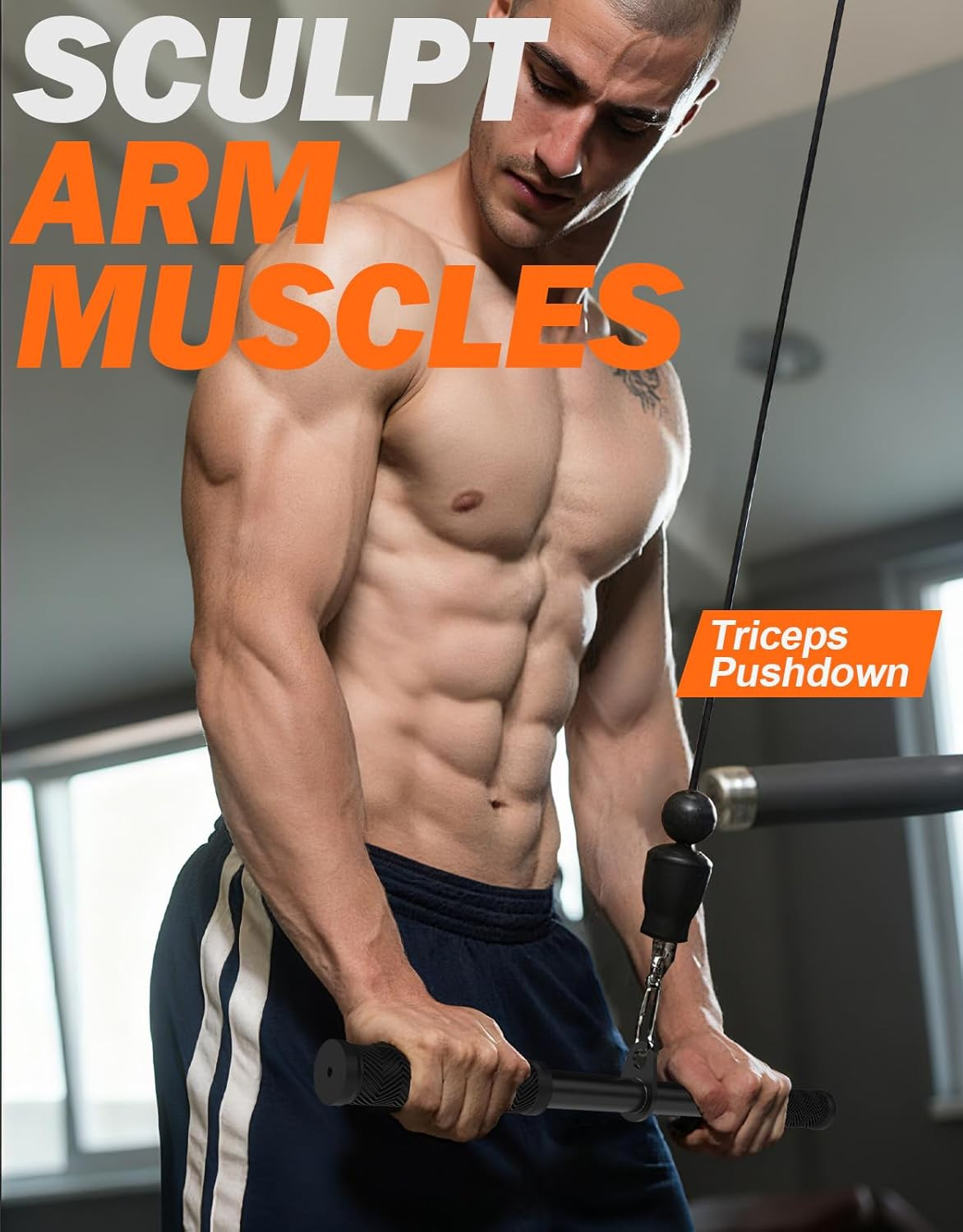 Straight Bar Cable Attachment with Fixed Ring, Non-Slip Tricep Bar