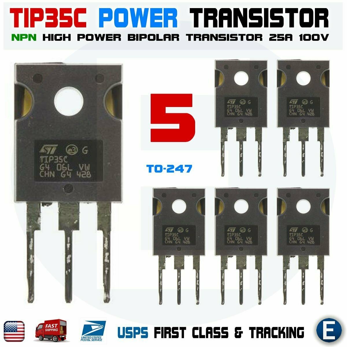 5pcs TIP35C TIP35 NPN High Power Transistor 25A 100V bipolar TO-247 USA