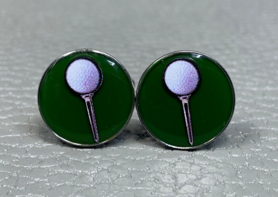 Contemporary Green Enamel Golf Ball and Tee White Gold Plated Cuff Links
