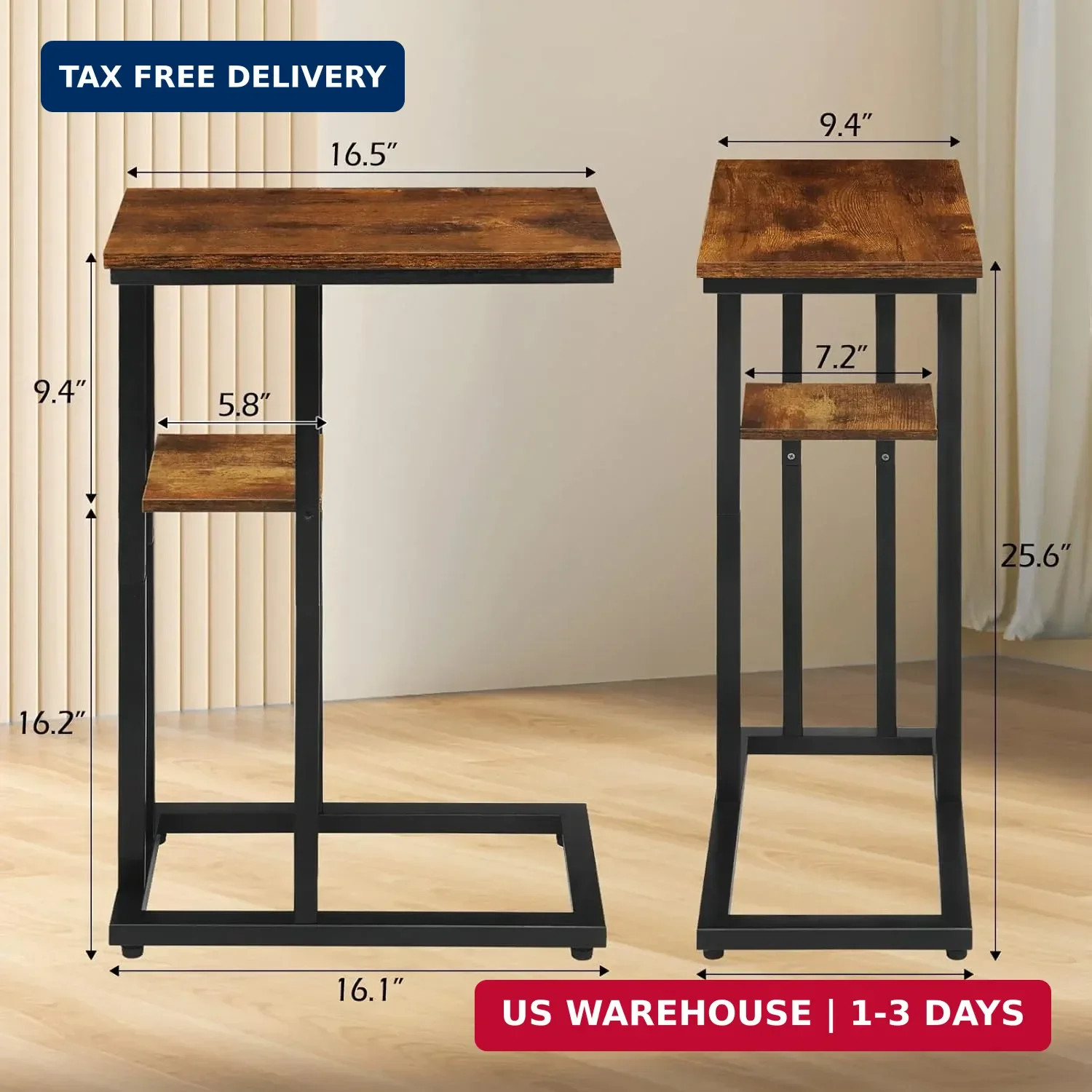 C Shaped Side Table for Sofa, Couch End Table for Small Spaces，Skinny Couch Side