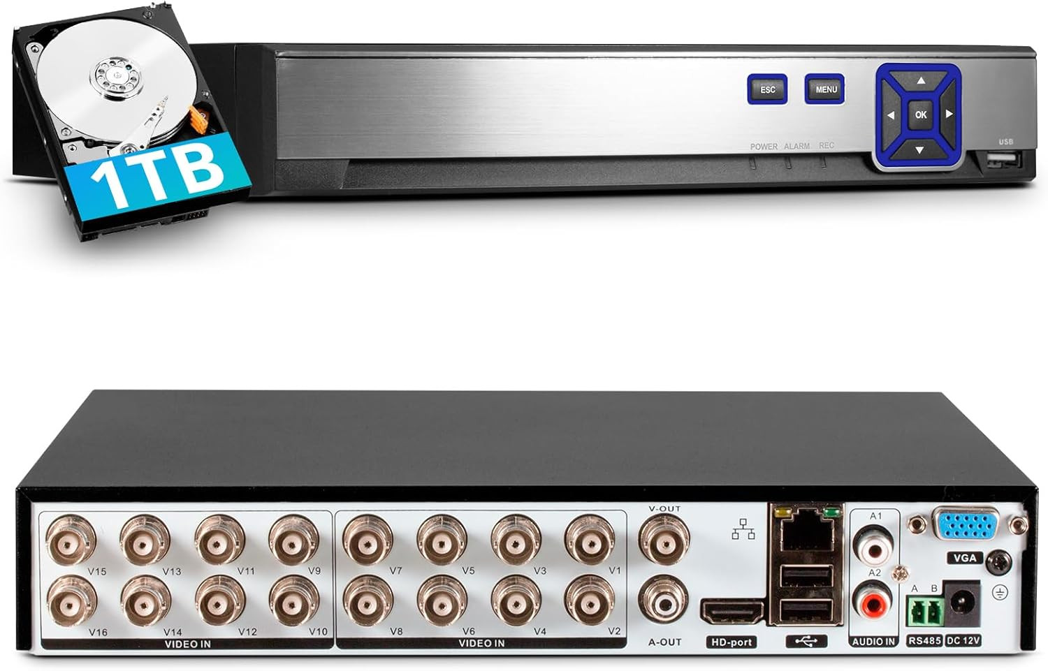 H.265+ 16CH Channel DVR for Security Camera System 1080P Recorder with 1TB HDD