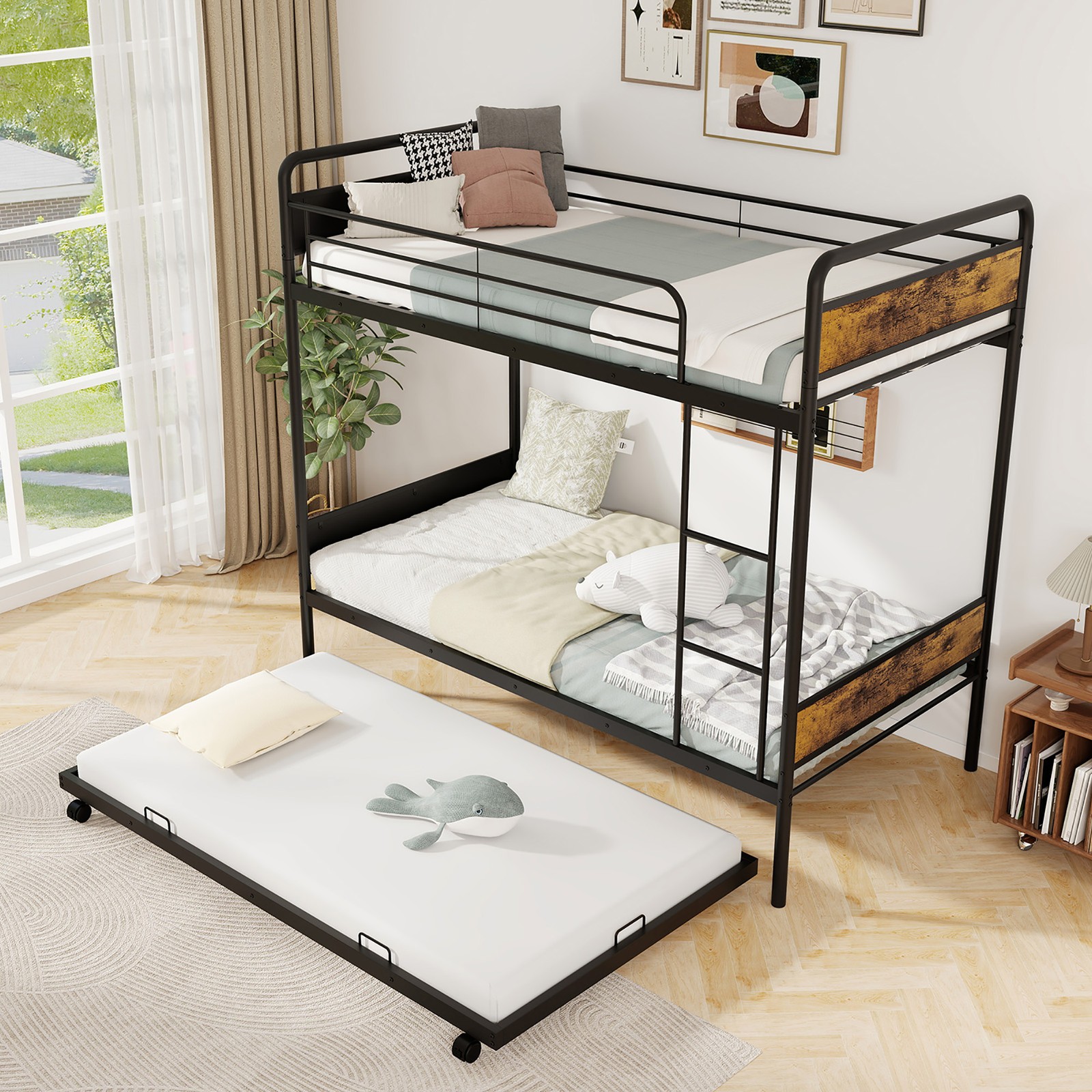 Twin Over Twin Bunk Bed w/ Trundle Industrial Metal Bunkbed Frame