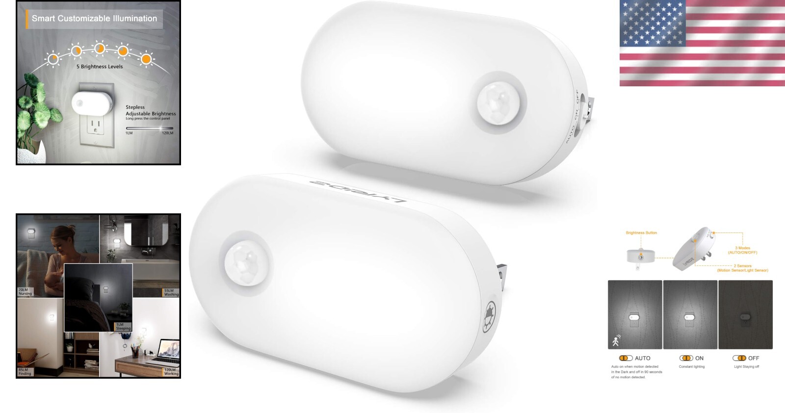 Stepless Adjustable LED Night Lights with Motion Sensor - Cold White Glow 2-Pack