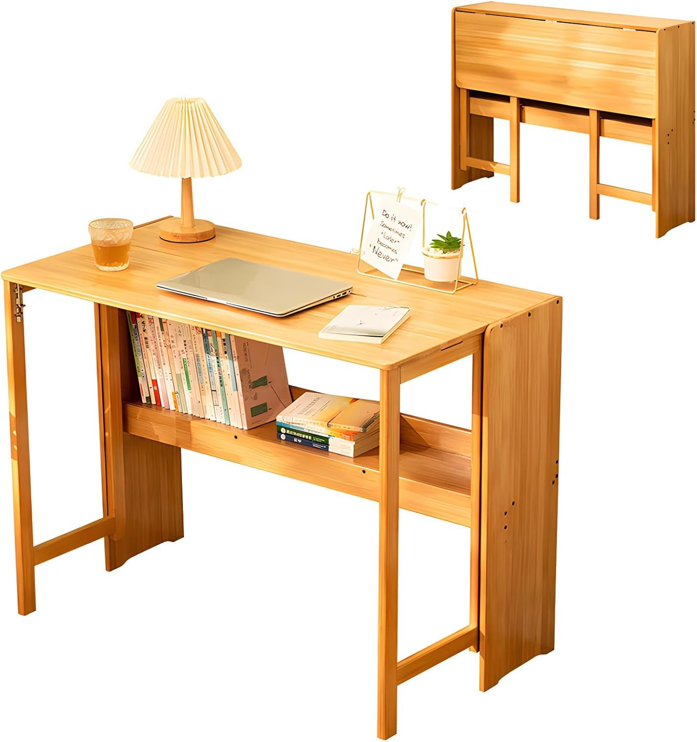 40.6 inch Foldable Desk with Bookshelf Bamboo Wood Workstation for Office/Home