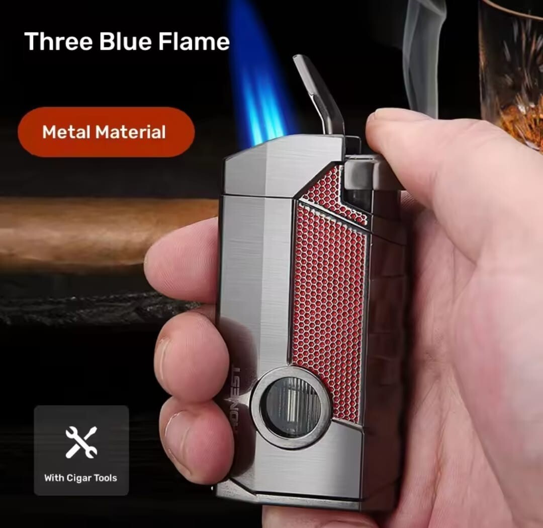 Honest Powerful 3 Jet Torch Turbo Windproof Butane Gas Cigar Lighter with Cutter