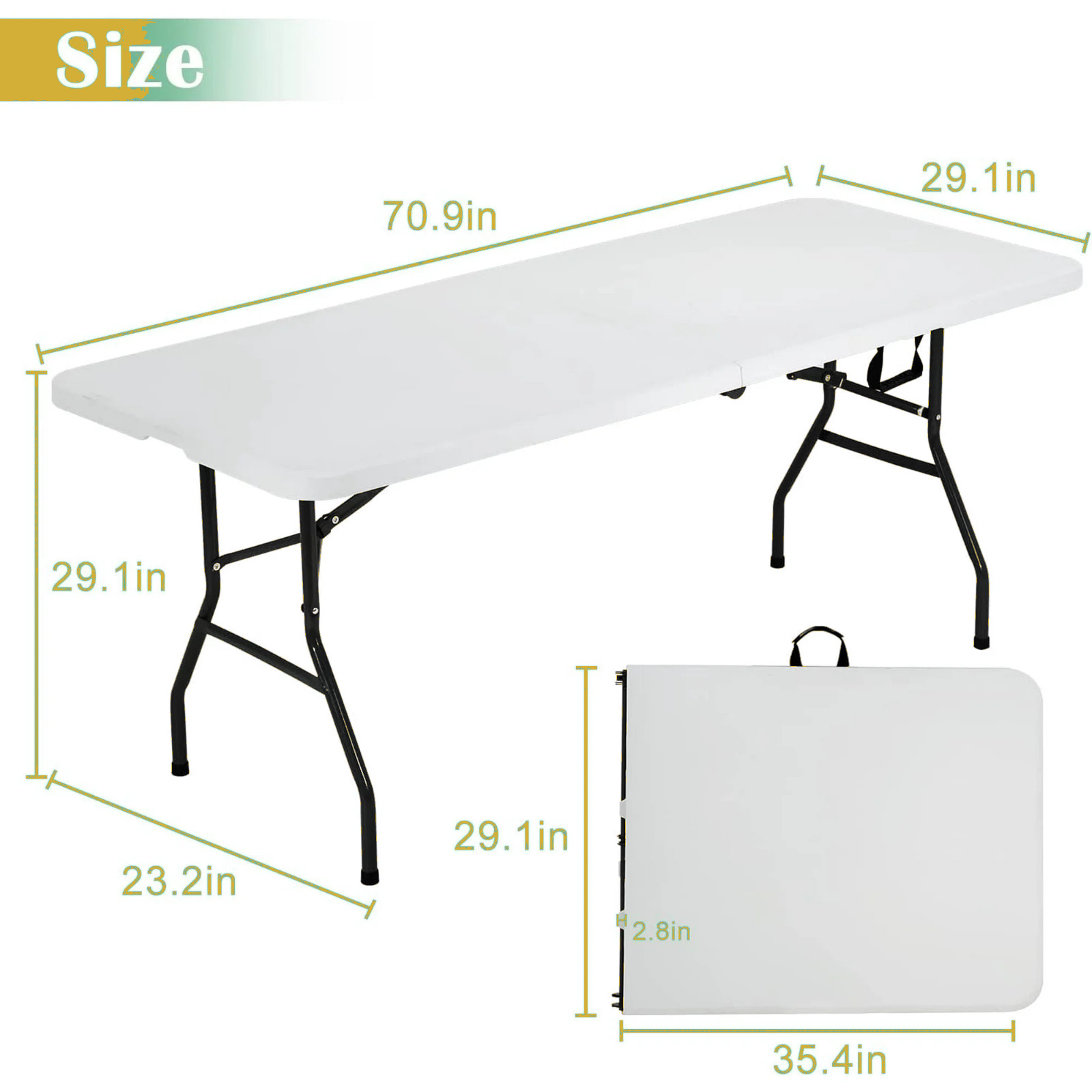 Folding Table 6ft Portable Heavy Duty Plastic Fold-in-Half Utility 6FT, White