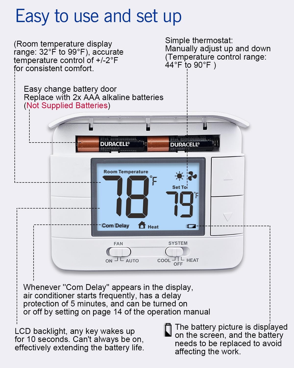 Non Programmable Thermostat for Home 1 Heat/ 1 Cool Single-Stage System, with Ro