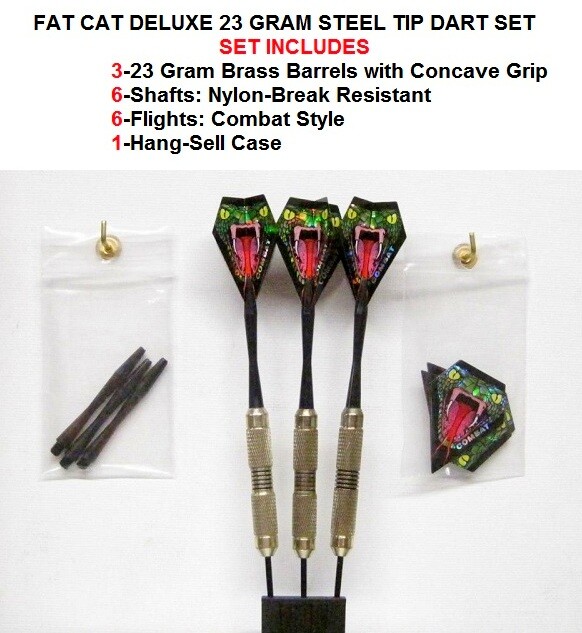 Darts Fat Cat Deluxe 23 gram Steel Tip Dart Set with Combat Snake Head Flights