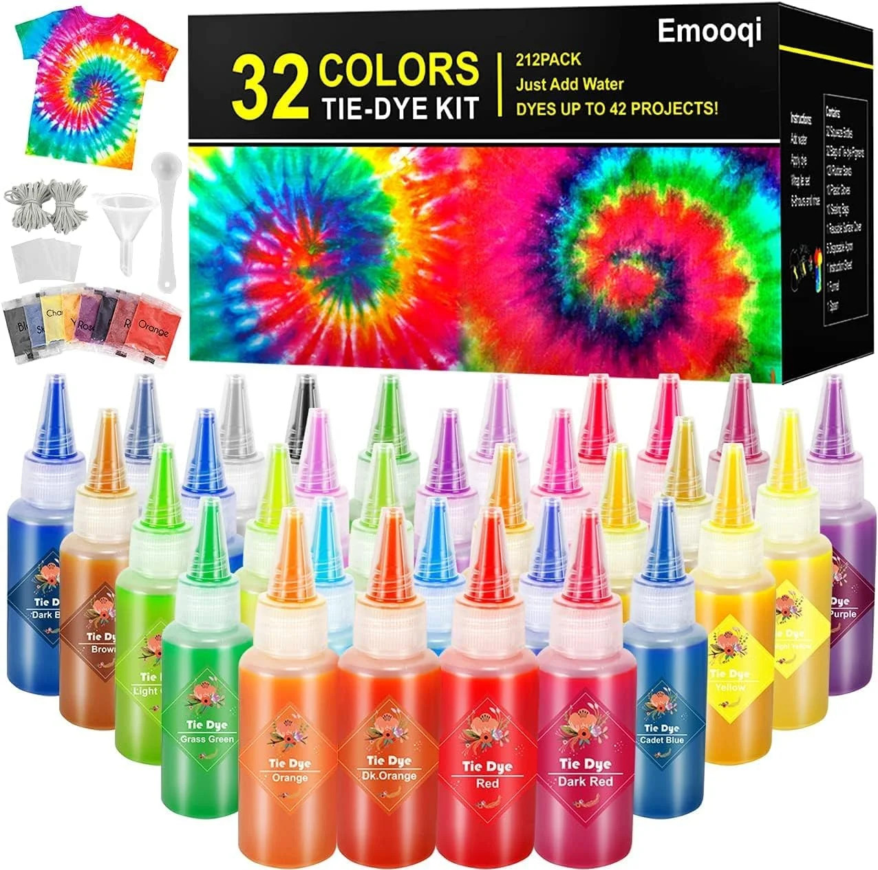 DIY Tie Dye Kits, Emooqi 32 Colours All-in-1 Tie Dye Set Contain 32 Bag Pigments