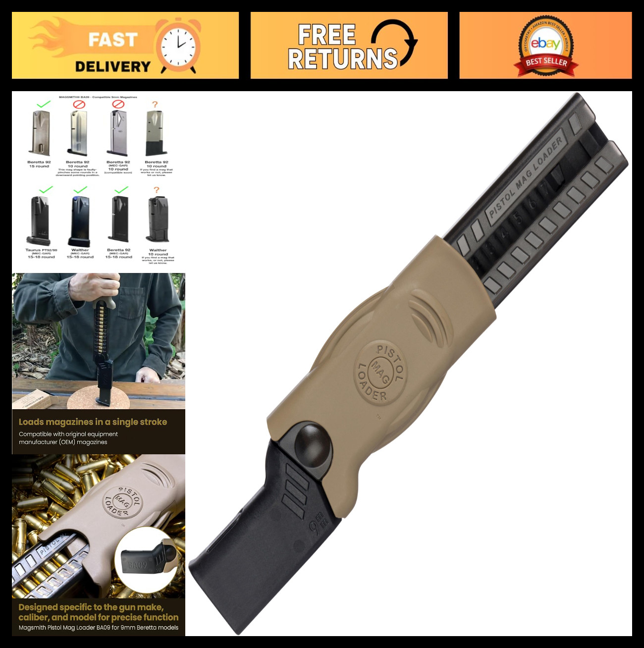 9mm Magazine Loader for Beretta 92, Taurus PT92/99, Canik TTI - 15-18 Round Mags
