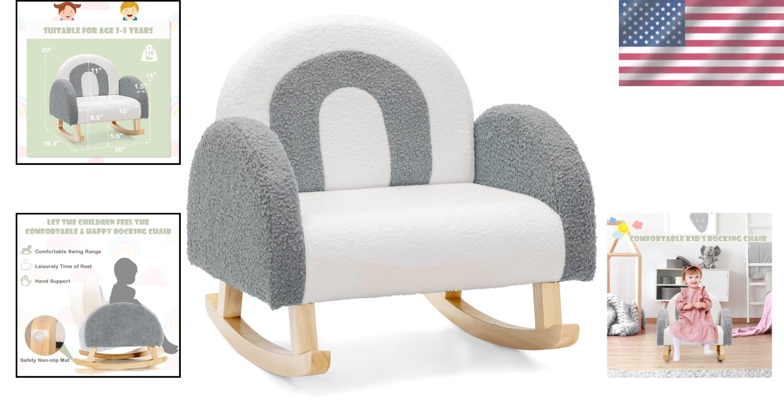 Ergonomic Toddler Rocking Chair with Solid Wood Frame - Safe & Stylish Armchair