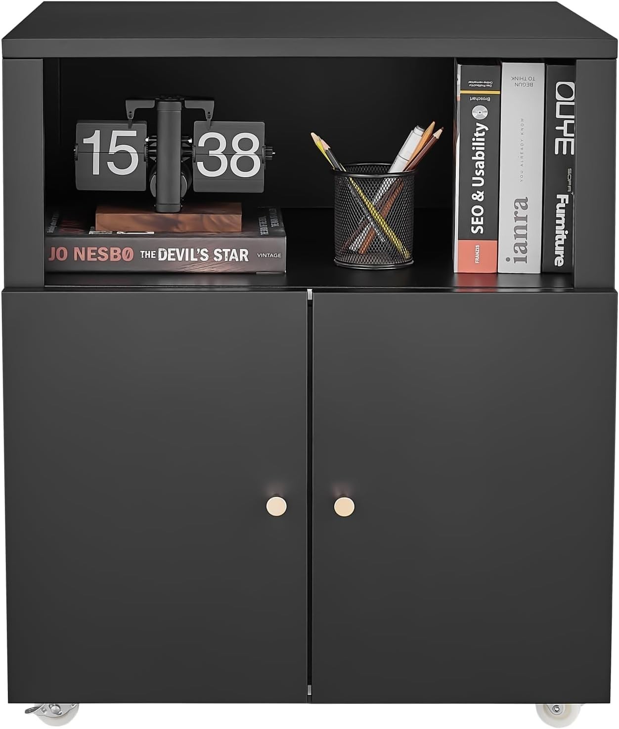 Mobile Vertical File Cabinet Black Metal Filling Cabinet with Open Shelf & Doors