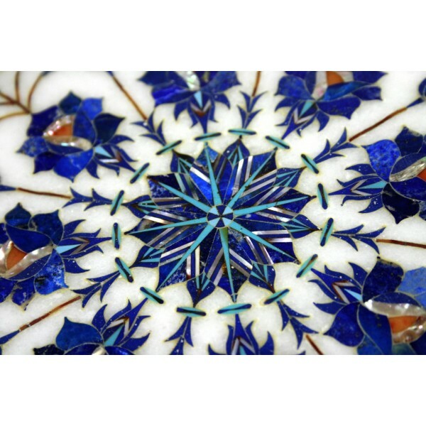 12" White Marble Side Table Top semi precious stones lapis inlay Handmade Decor