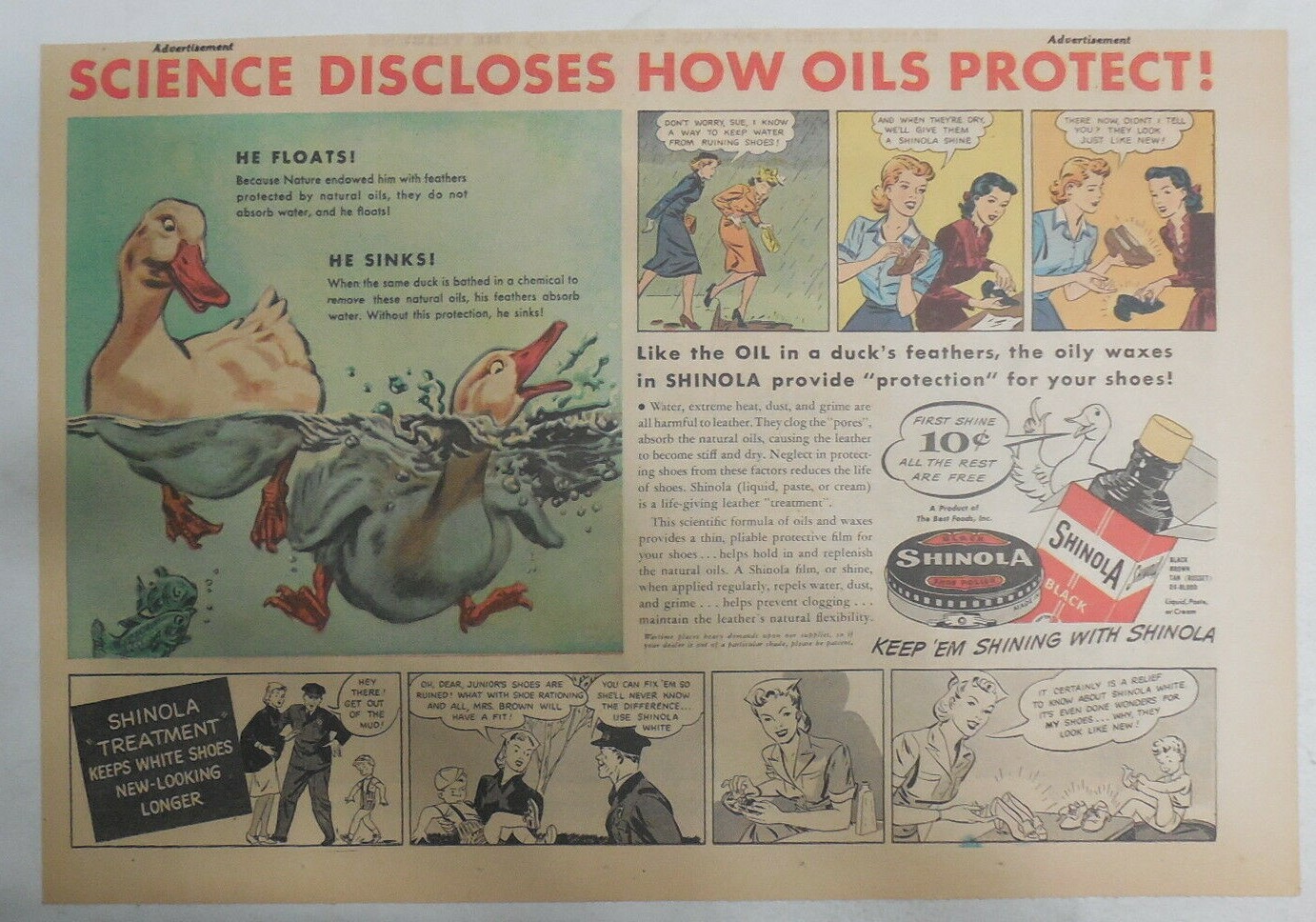 Shinola Shoe Polish Ad: Shiny The Duck for Shinola Shine! 1930's 11  x 15 inches
