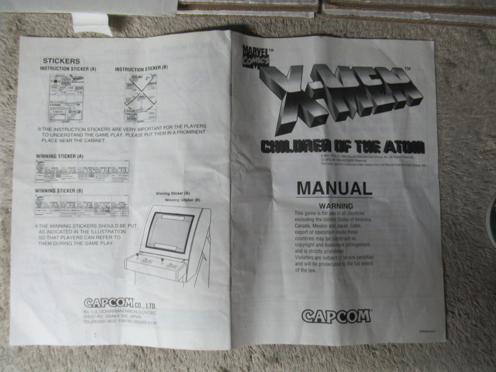 xmn94c X-MEN CHILDREN OF THE ATOM cota capcom original arcade game   manual