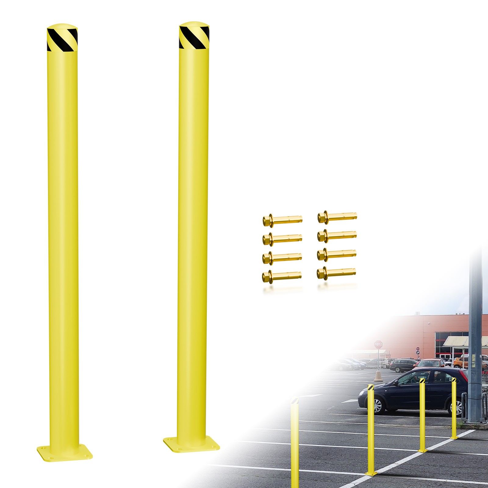 47.83“ High Bollard Post, 2PCS Yellow Steel Safety Bollard With 8 Anchor Bolts