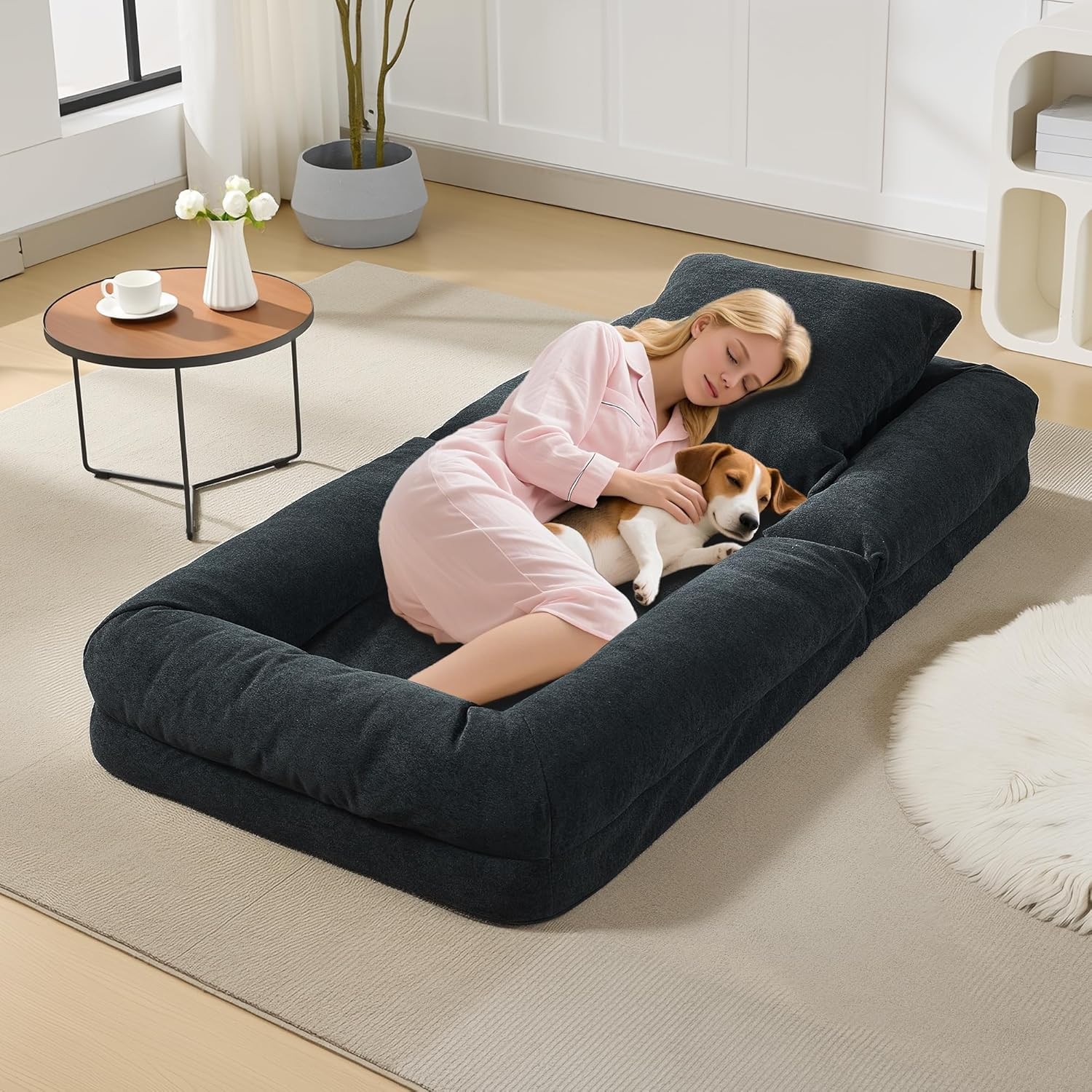5 Position Adjustable Human Dog Bed,Chenille Upholstered Lounge Sofa w 2 Pillows