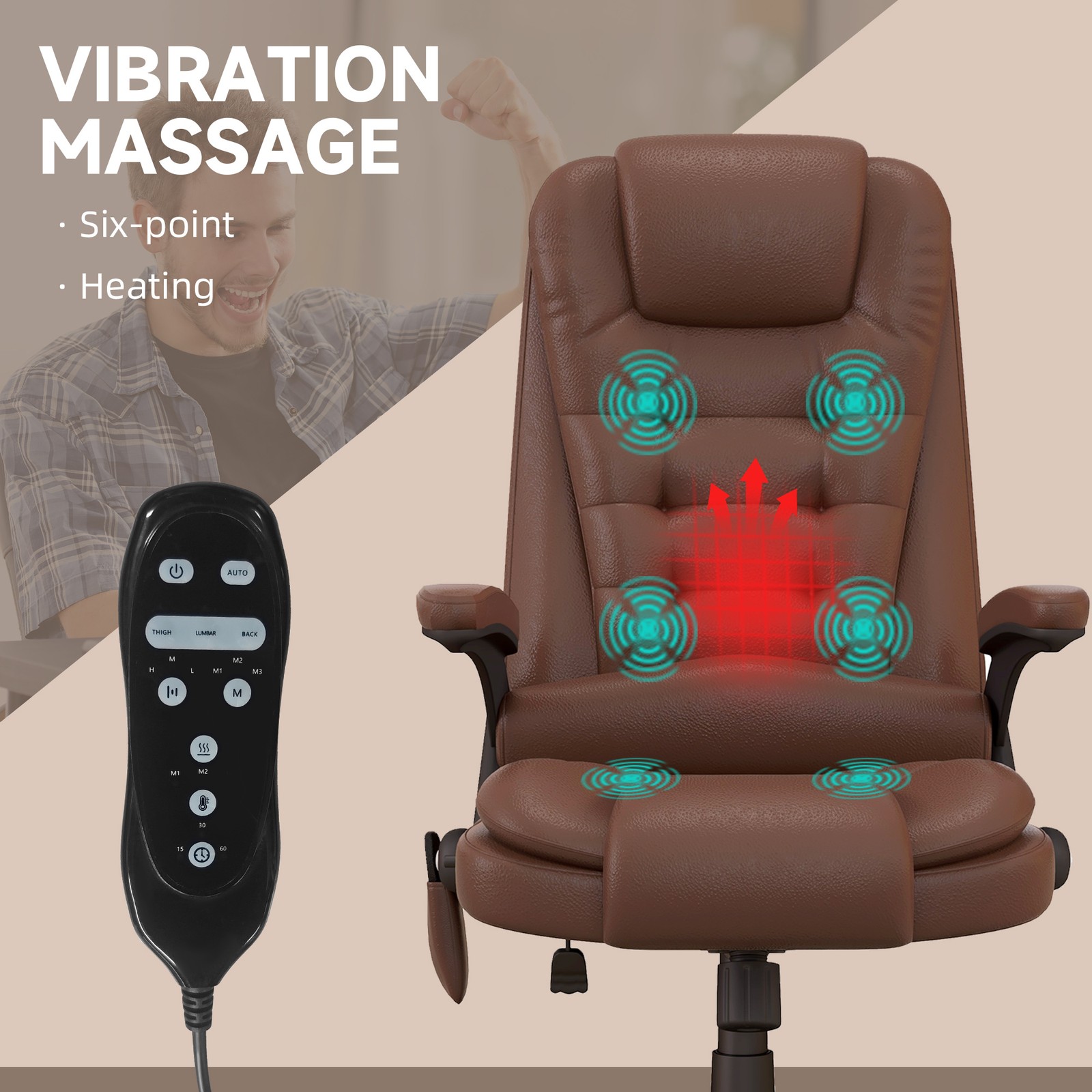 HOMCOM High-Back Vibration Massage Chair, Heating Office Chair, Brown