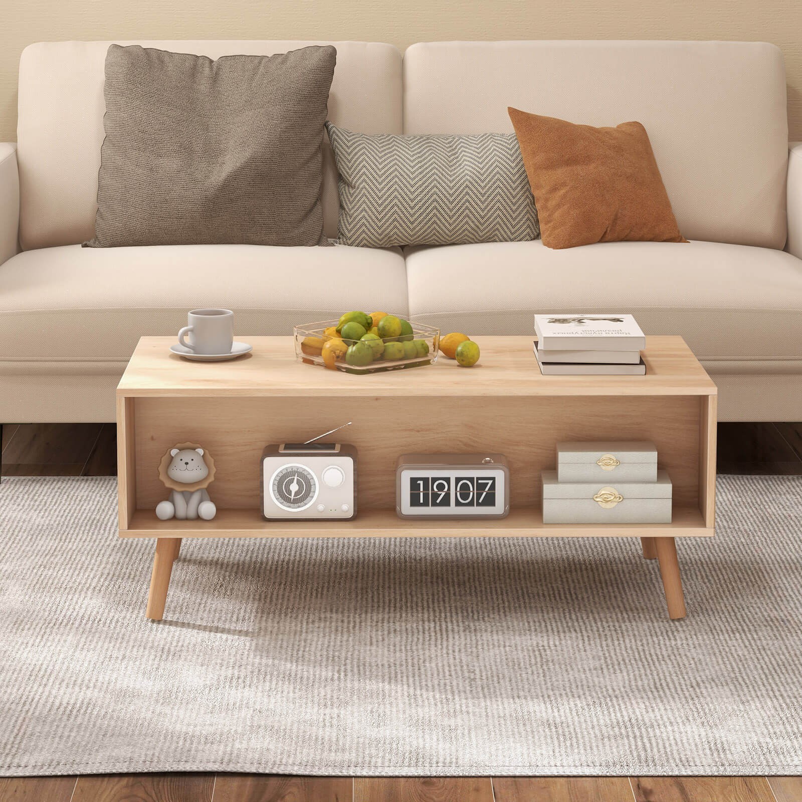 Rattan Coffee Table Mid Century Modern Center Table w/ 2 Storage Drawers
