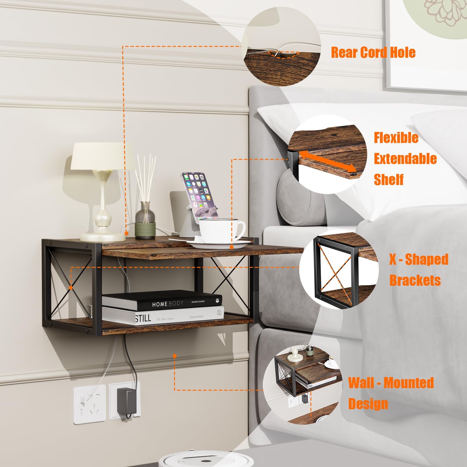 2-Tier Floating Nightstand, Wall Mounted Bedside Table, Wood Bedside Shelf Wa...