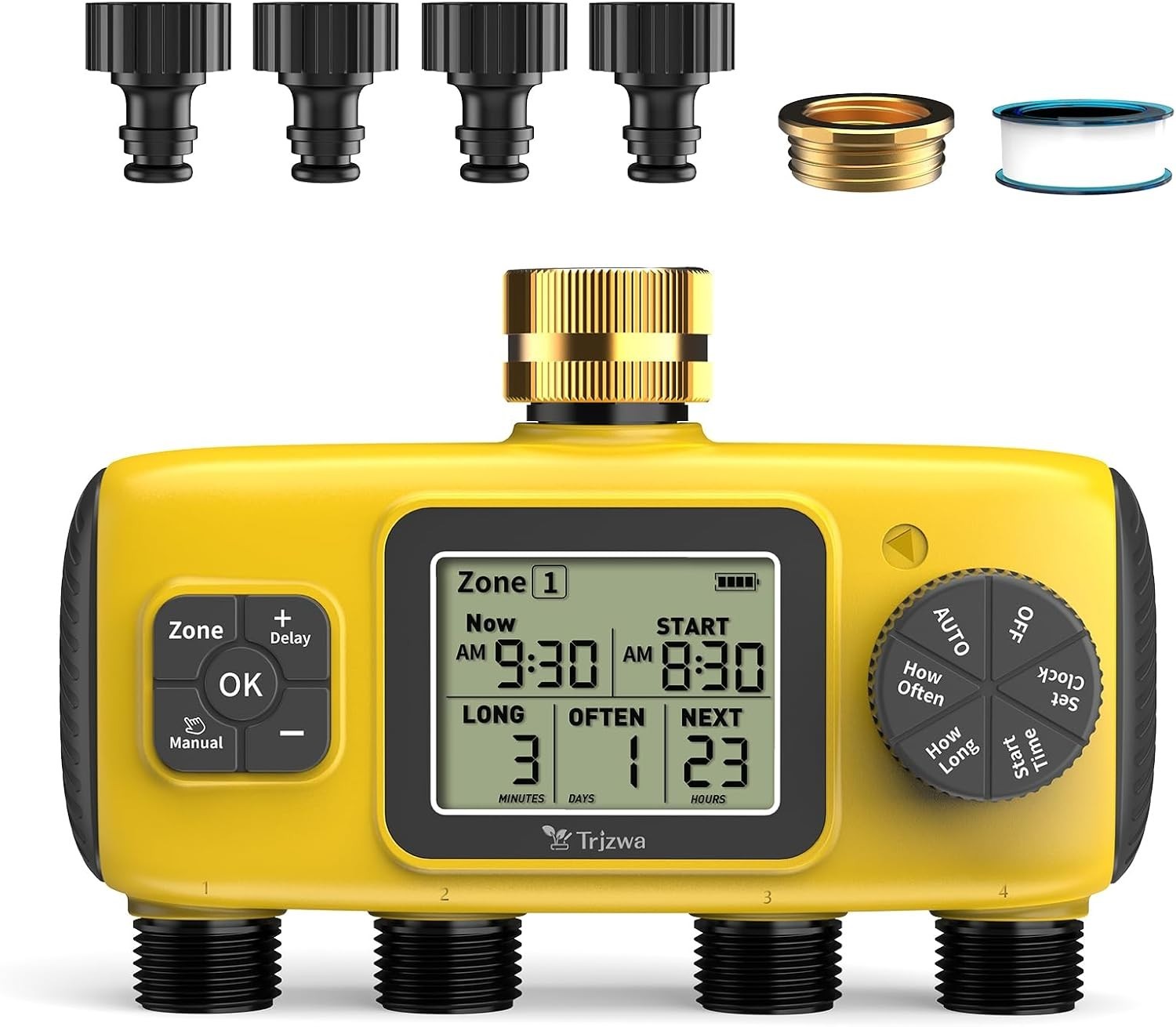 4-Zone Programmable Digital Smart Water Timer w/ Brass Inlet, Rain Delay, Anti-R