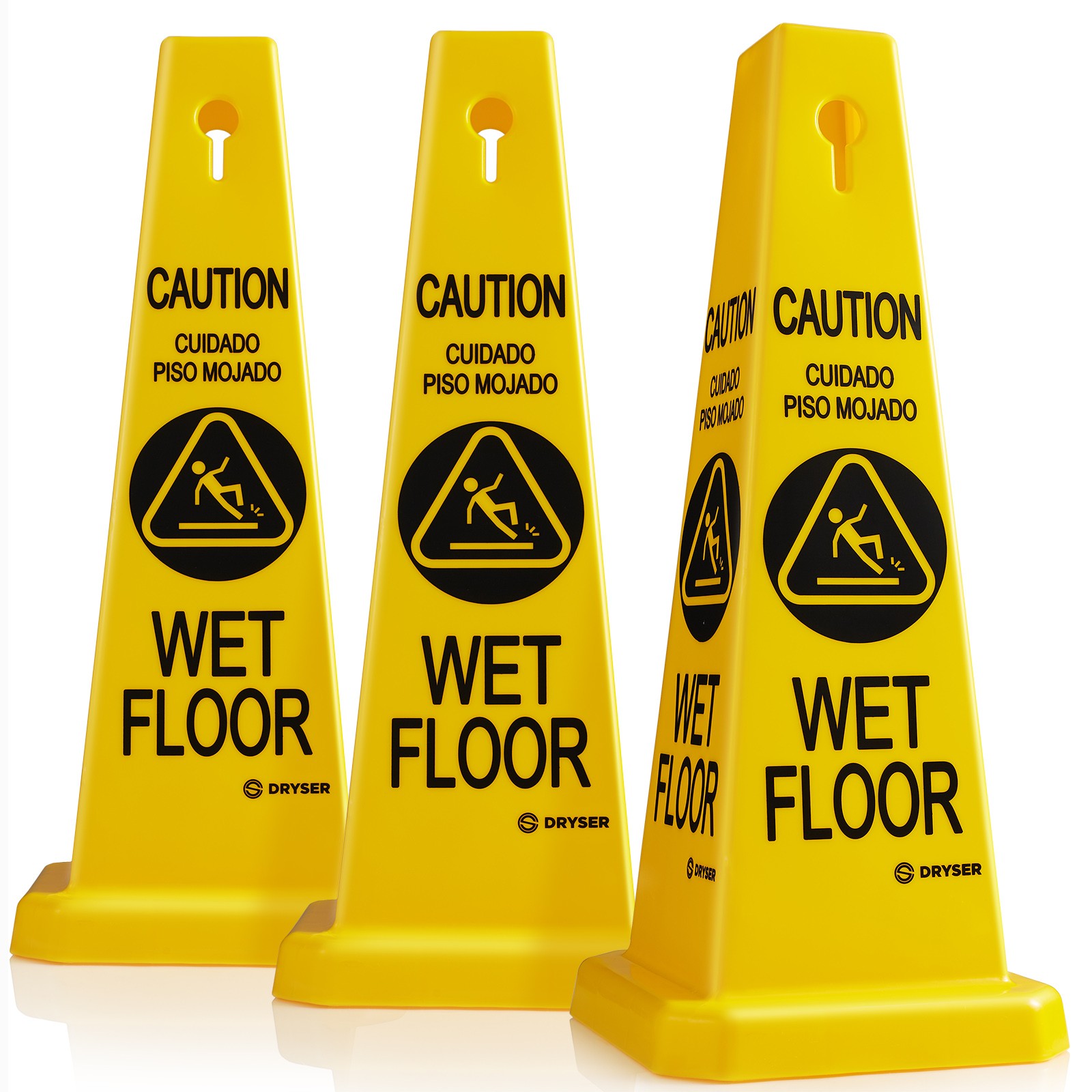 OPEN BOX - 3-Pack 26" Caution Wet Floor Cone Shaped Sign, Yellow/English Spanish