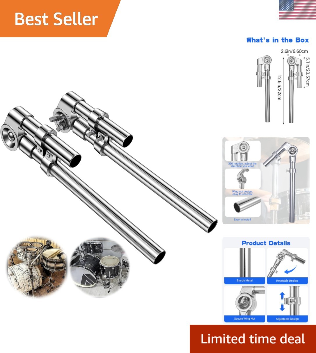 Tom Drum Brackets, 2 PCS Tom Mount Holder Arm, Adjustable Mounting Holder