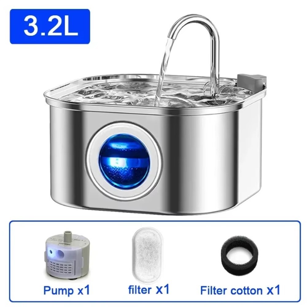 Stainless Steel Cat Water Fountain 3.2L Pet Drinking Fountain Dispenser for Cats