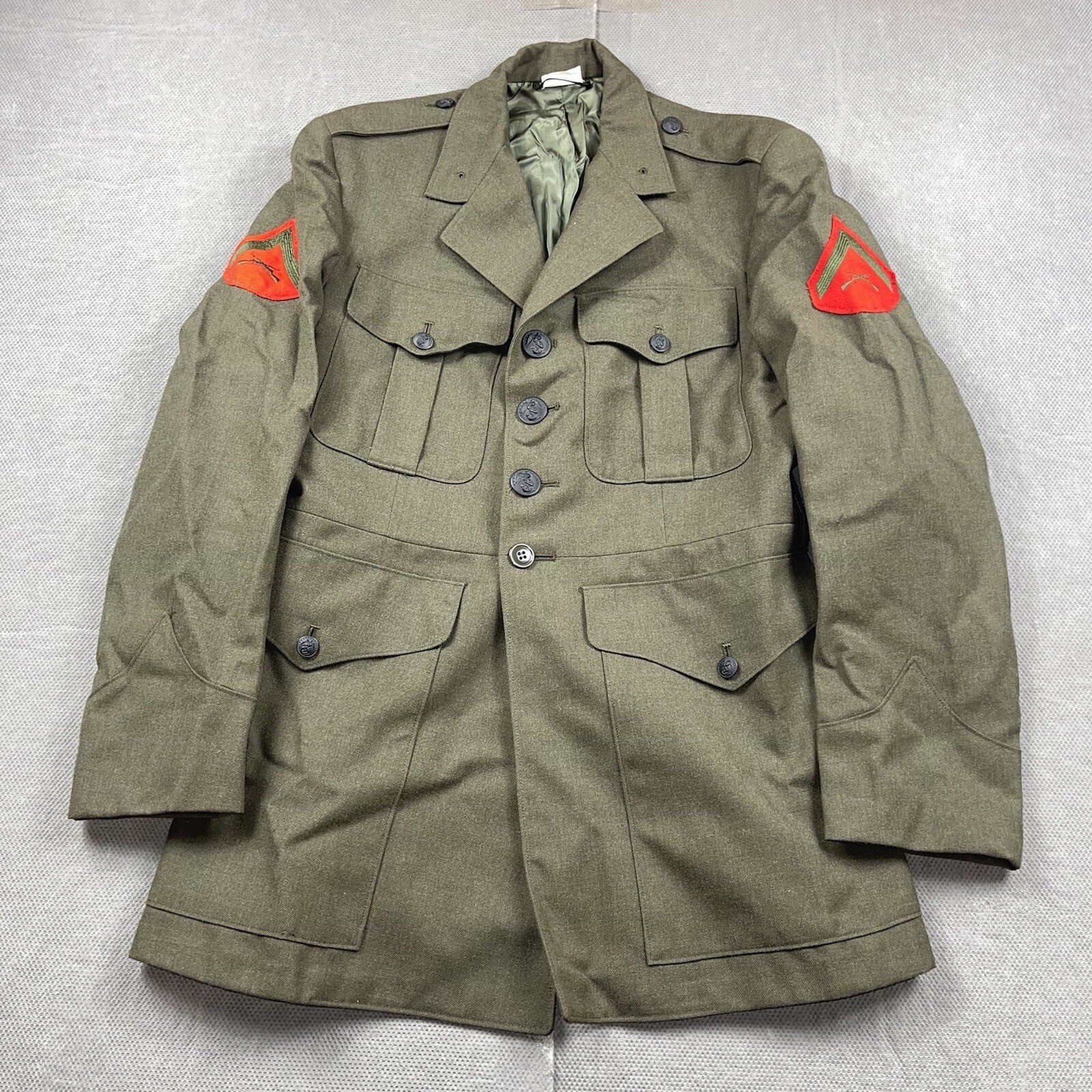 USMC Marine Corps Coat Mens 39R Military Serge Green Blazer Wool No Belt 60s USA