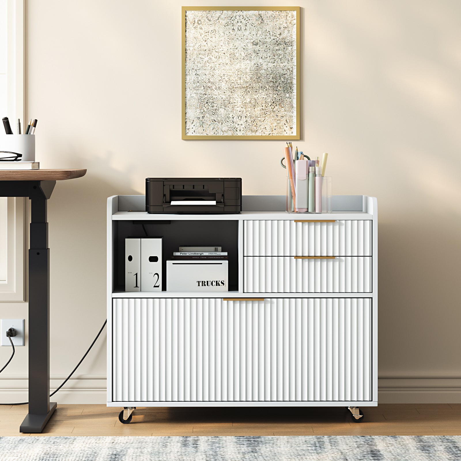 Mobile Office File Cabinet with Charging Station & 3 Drawers, White