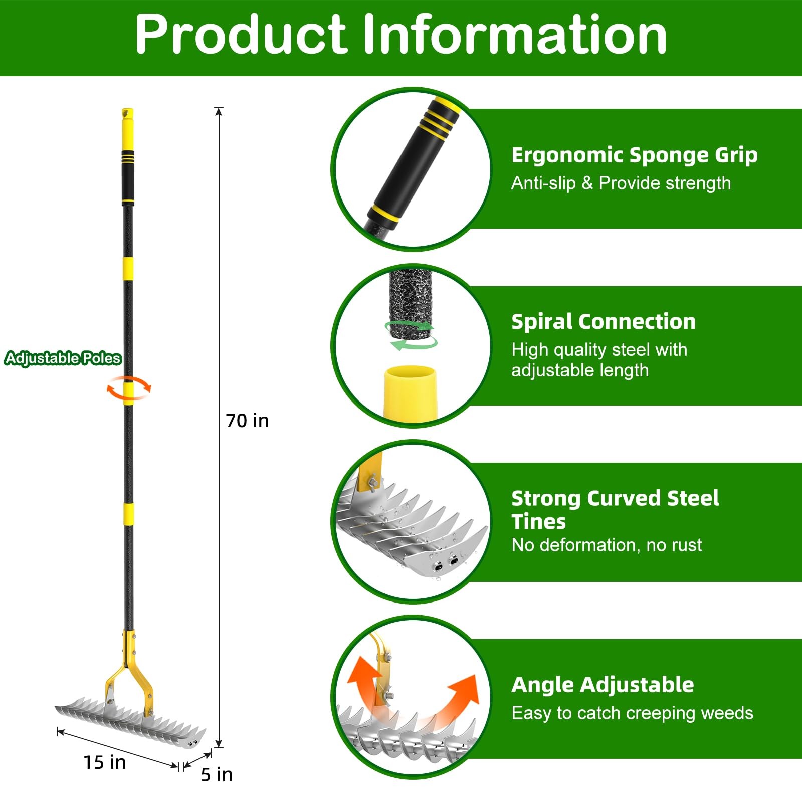 Thatching Rake for Lawns, 15" Heavy Duty Thatch Rake with 70" Handle