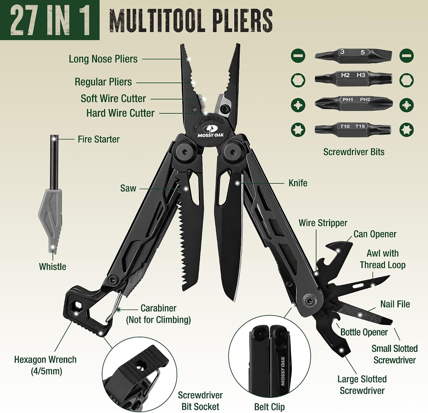MOSSY OAK 27-In-1 Cnc-Machined Multitool Pliers Self-Locking | Includes Knife, F