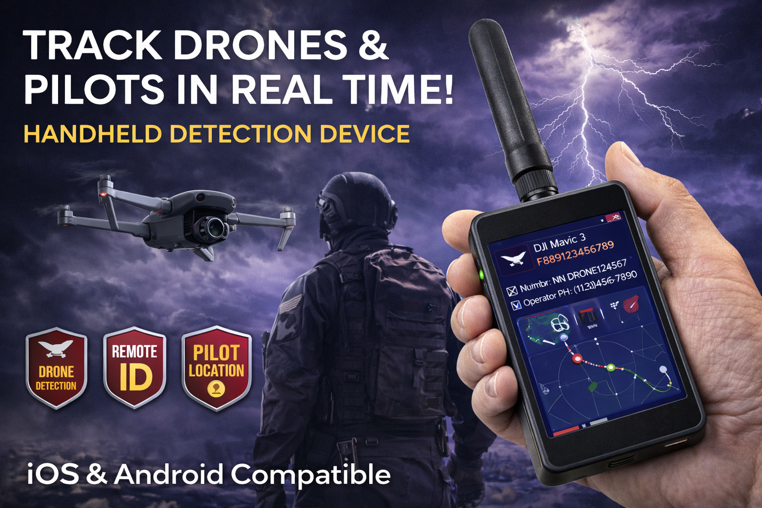 Portable Drone Detection Device – Remote ID UAV & Pilot Tracking System iOS Andr