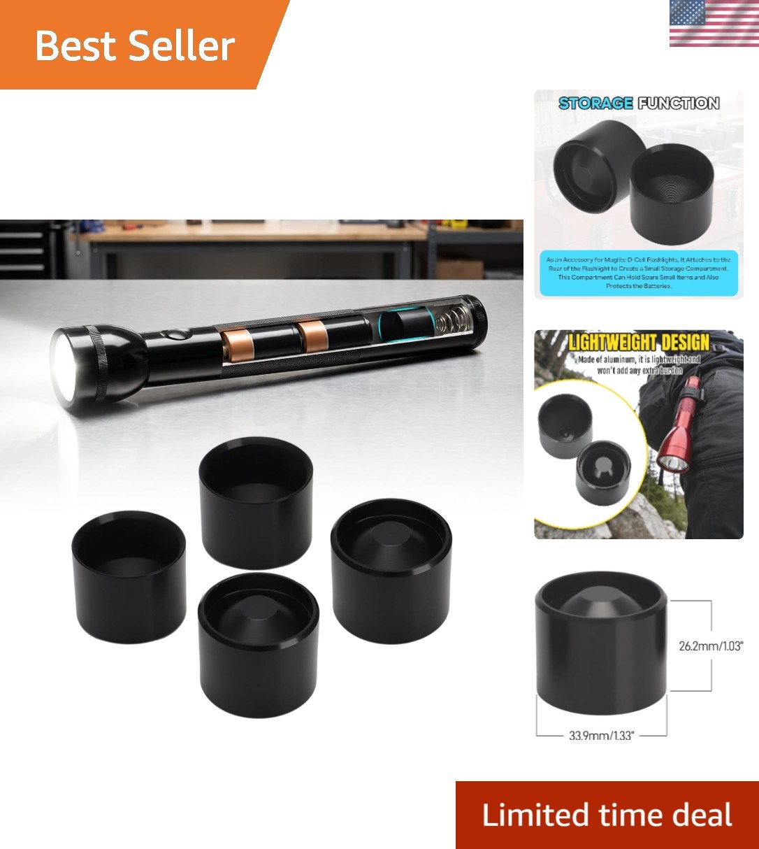 4-Pack Dry Storage Hidden Cups for Maglite D Cell Flashlights | Waterproof an...