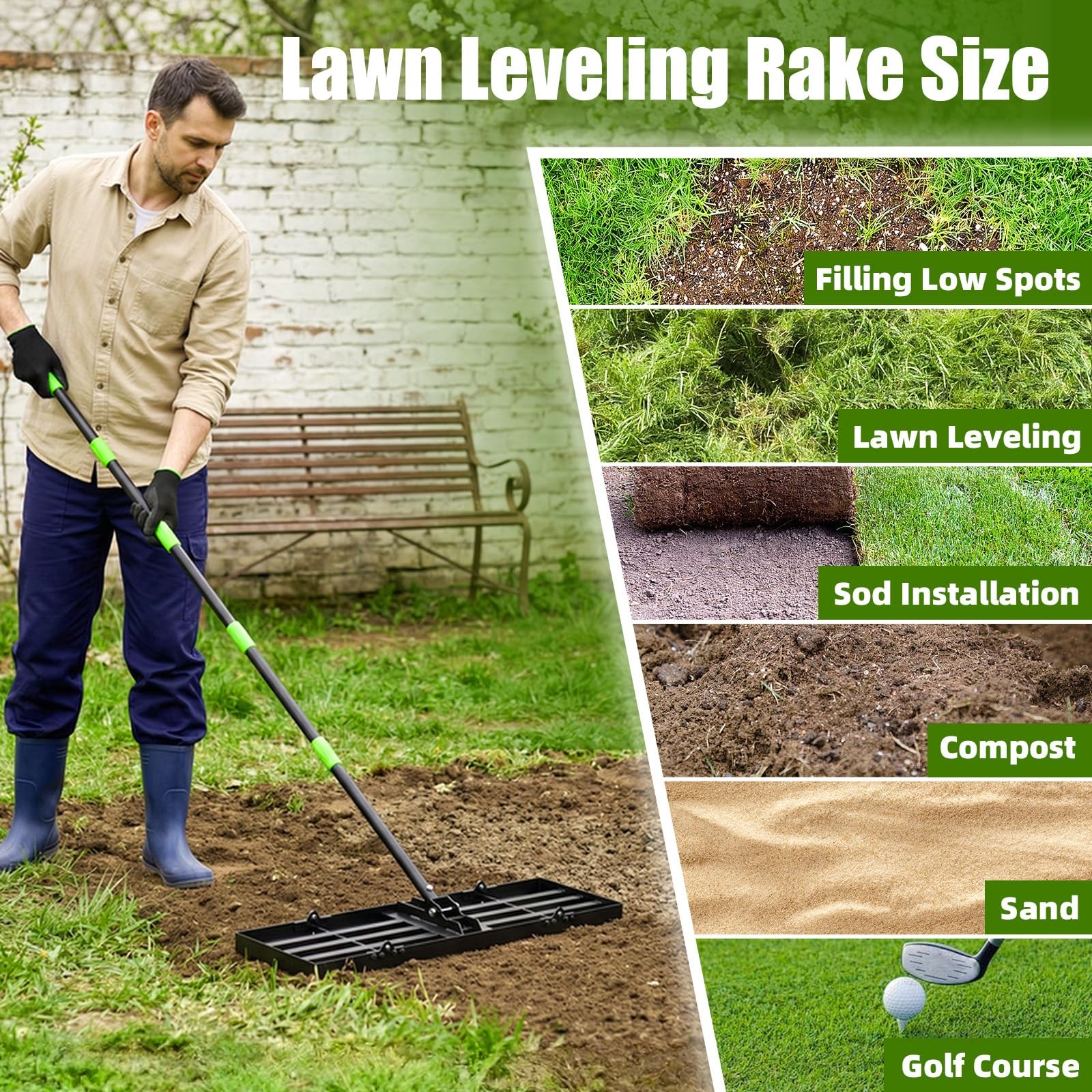36" Heavy Duty Lawn Leveling Rake with Adjustable Handle for Soil & Sand