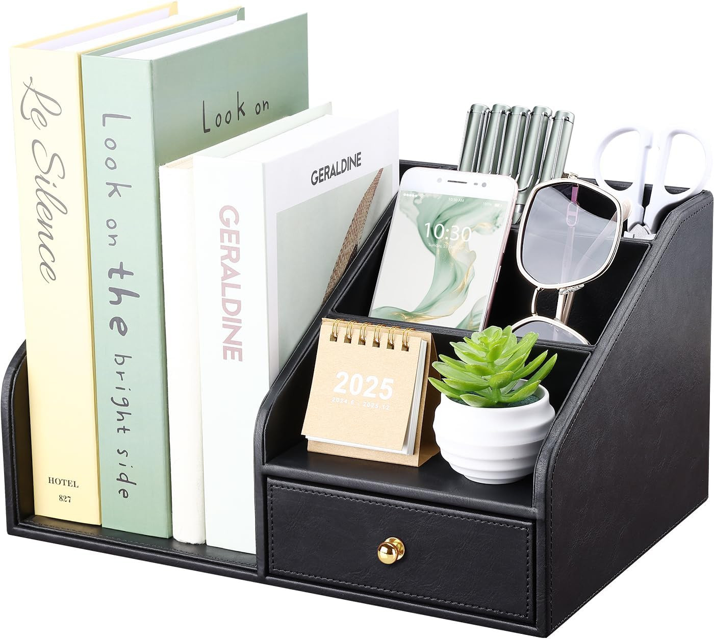 PU Leather Desk Organizer, File Organizer with Drawer and 4 Compartments, Deskto
