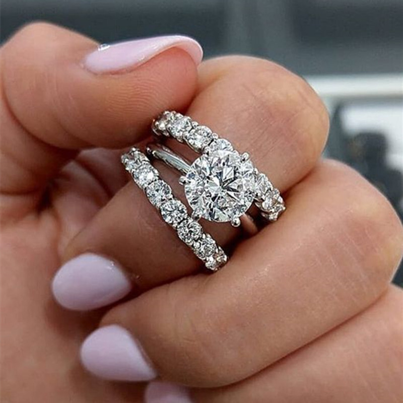Elegant 3 Pcs/set 925 Silver Plated Rings Cubic Zircon Engagement Gifts Sz 6-10