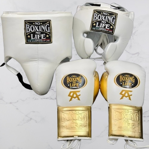 No Boxing No Life White Boxing Set – 8-16oz Head Guard & Groin Protector