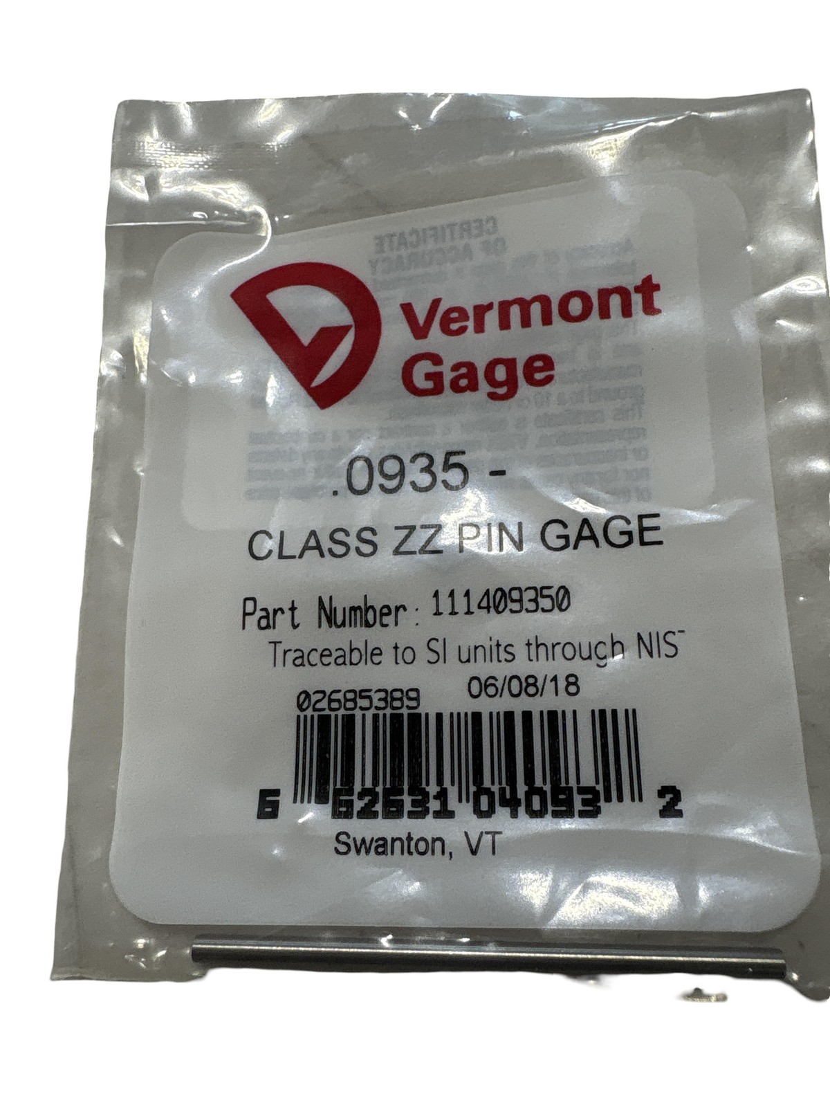 Vermont Gage .0935 Minus Class ZZ Pin Gage 1 PC