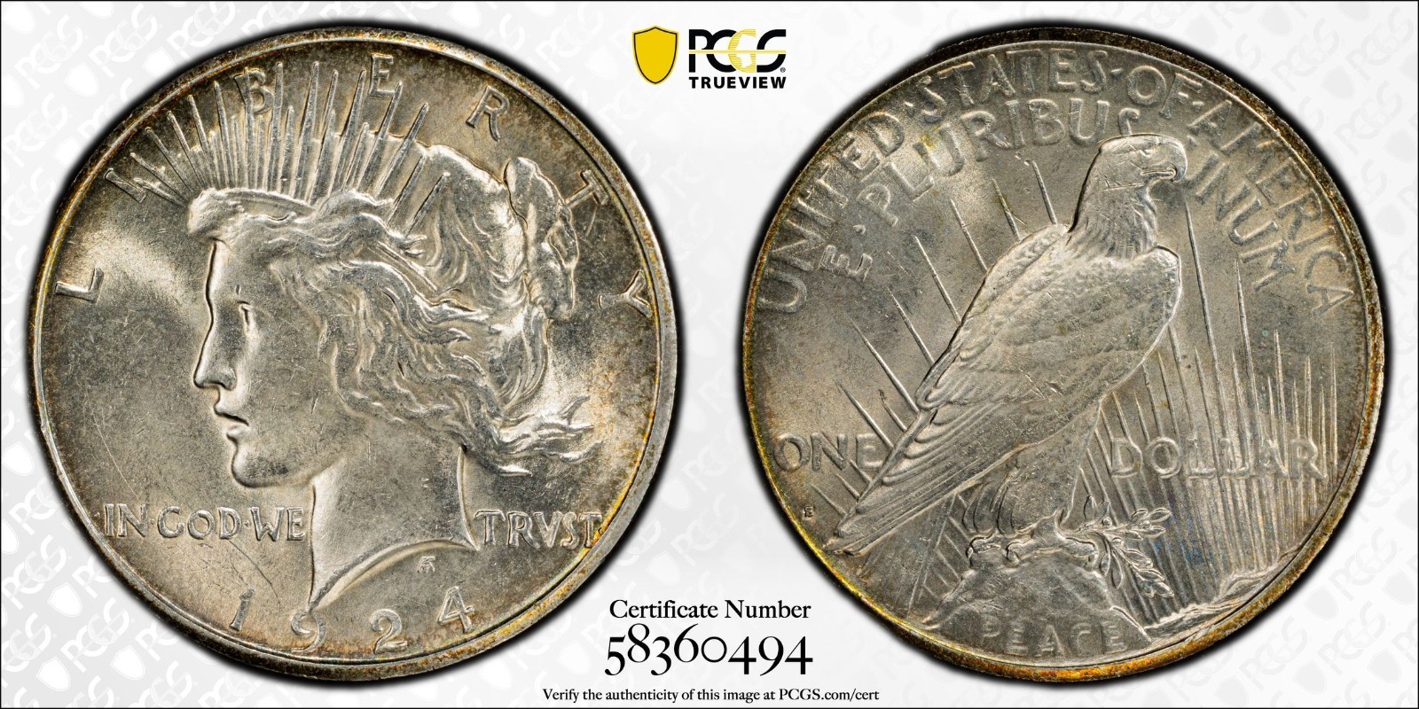 1924 S PEACE DOLLAR PCGS MS 63 NICE SATINY CARTWHEEL LUSTER WITH A THIN GOLD RIM