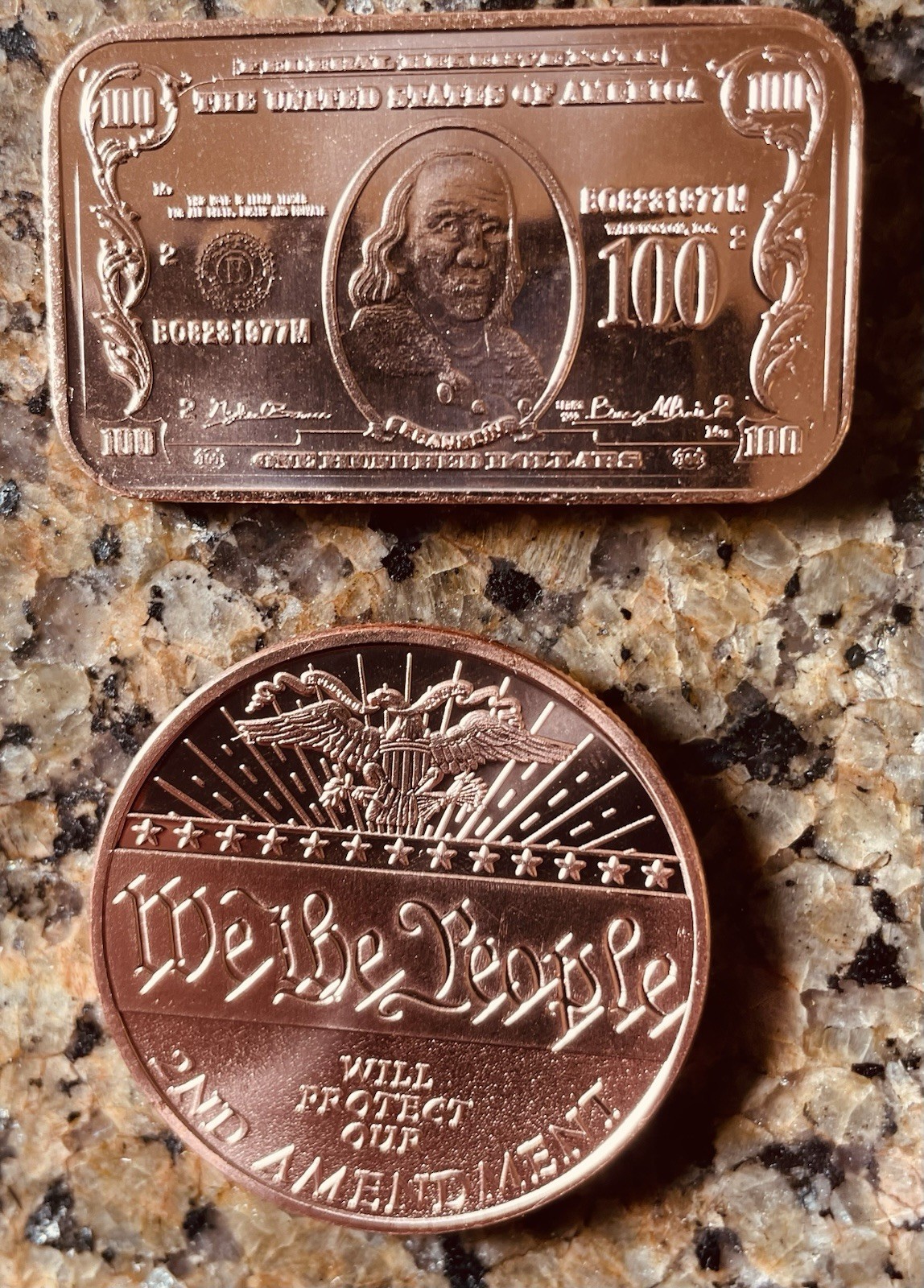 2nd Amendment copper round with Fantasy copper $100 Bill. Get both.