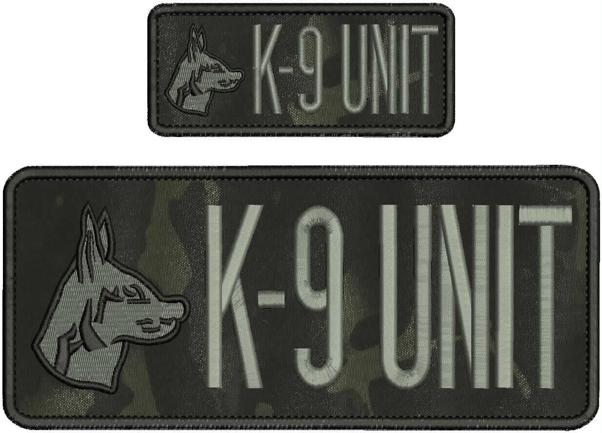 K-9UNIT EMBROIDERY PATCH 4X10 AND 2X5 HOOK ON BACK GRAY ON BLK MULTICAM