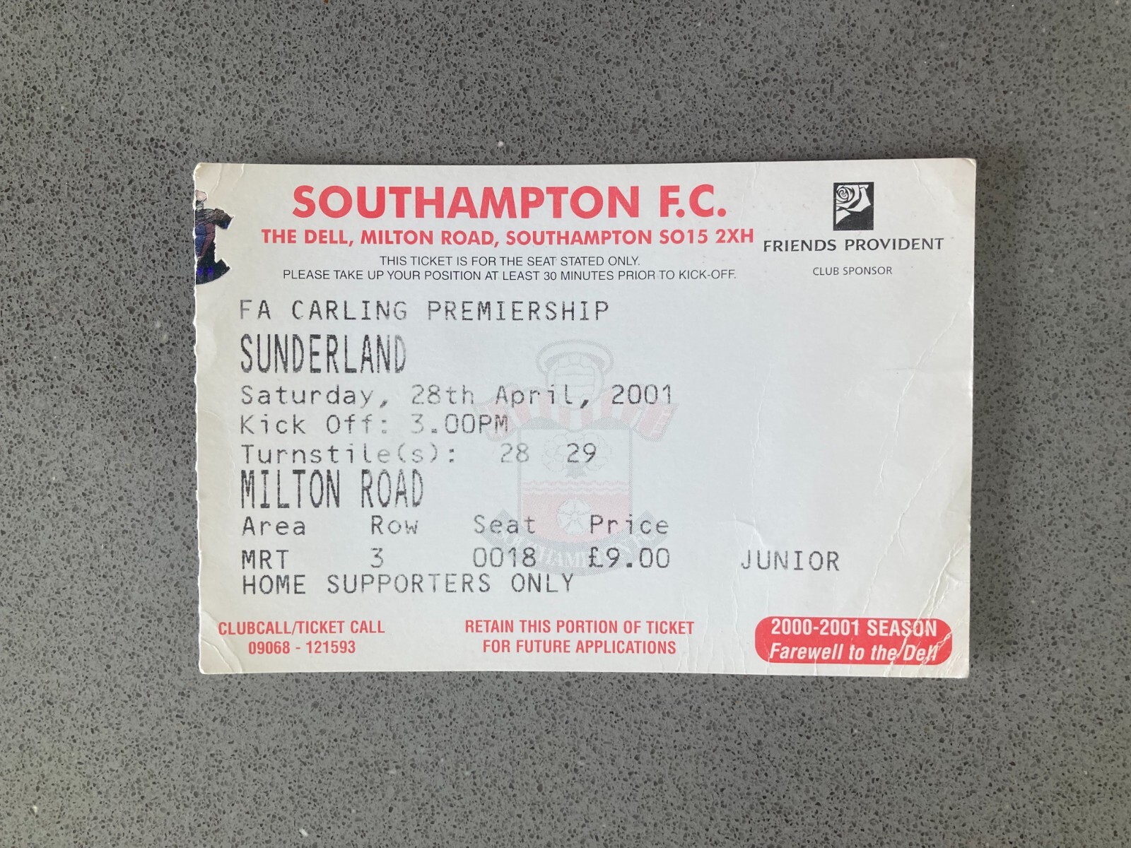 Southampton v Sunderland 2000-01 Match Ticket