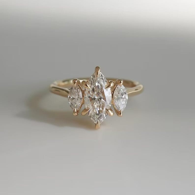 Brilliant Marquise Cut Moissanite Engagement Ring Three Stone Gold Plated Ring