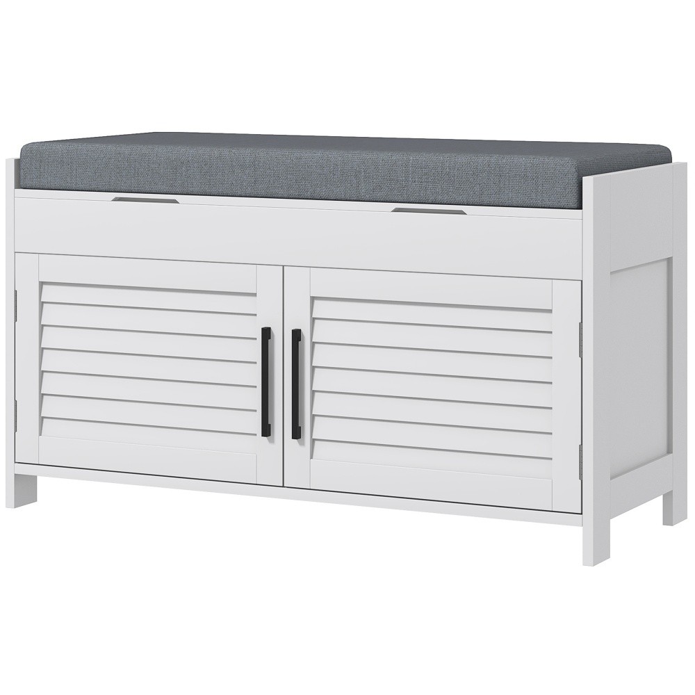Shoe Storage Bench with Linen Seat Adjustable Shelves Entryway Cabinet 35 Inch