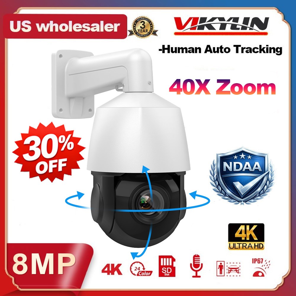 NDAA compliant Vikylin 360° 4K 8MP 40X PTZ IP Camera POE Onvif Mic Auto Tracking