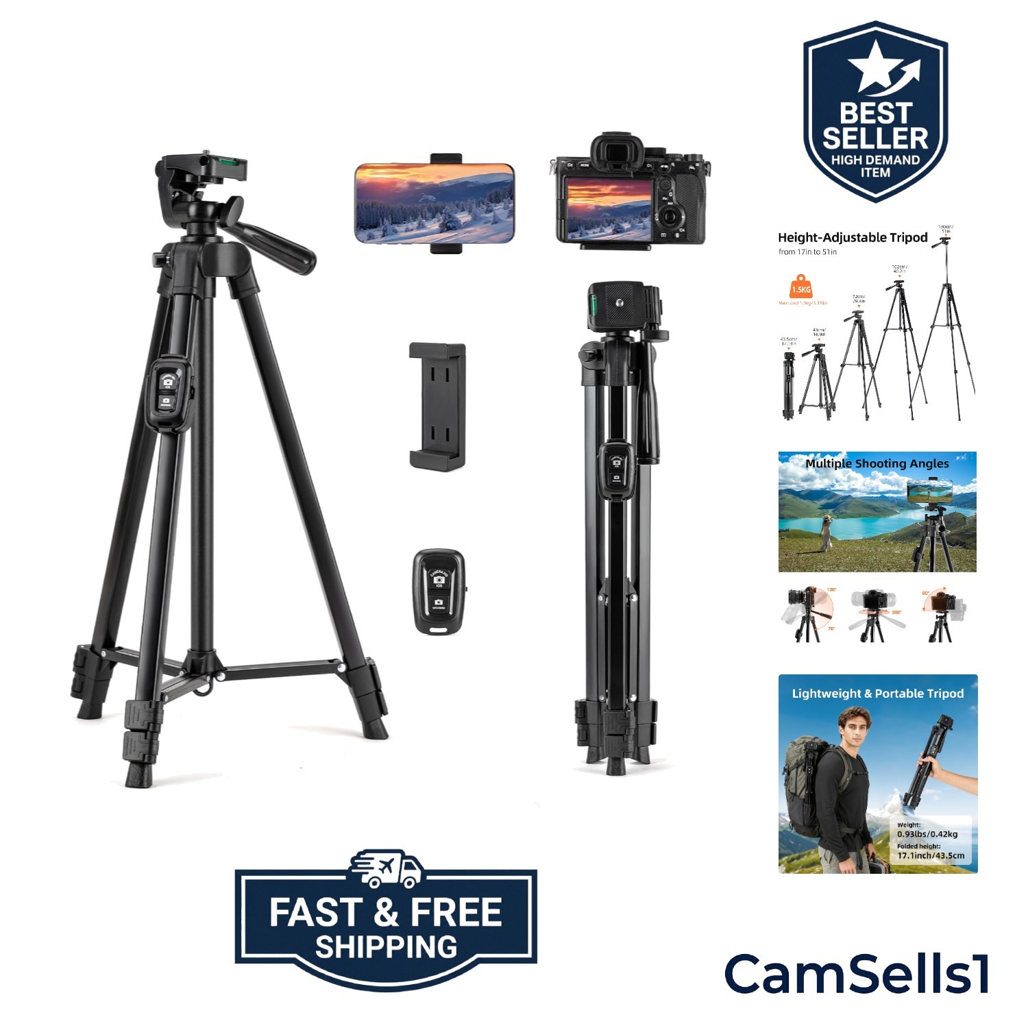 Camera Tripod, 51'' Lightweight Portable Travel Tripods for Camera and Phone ...