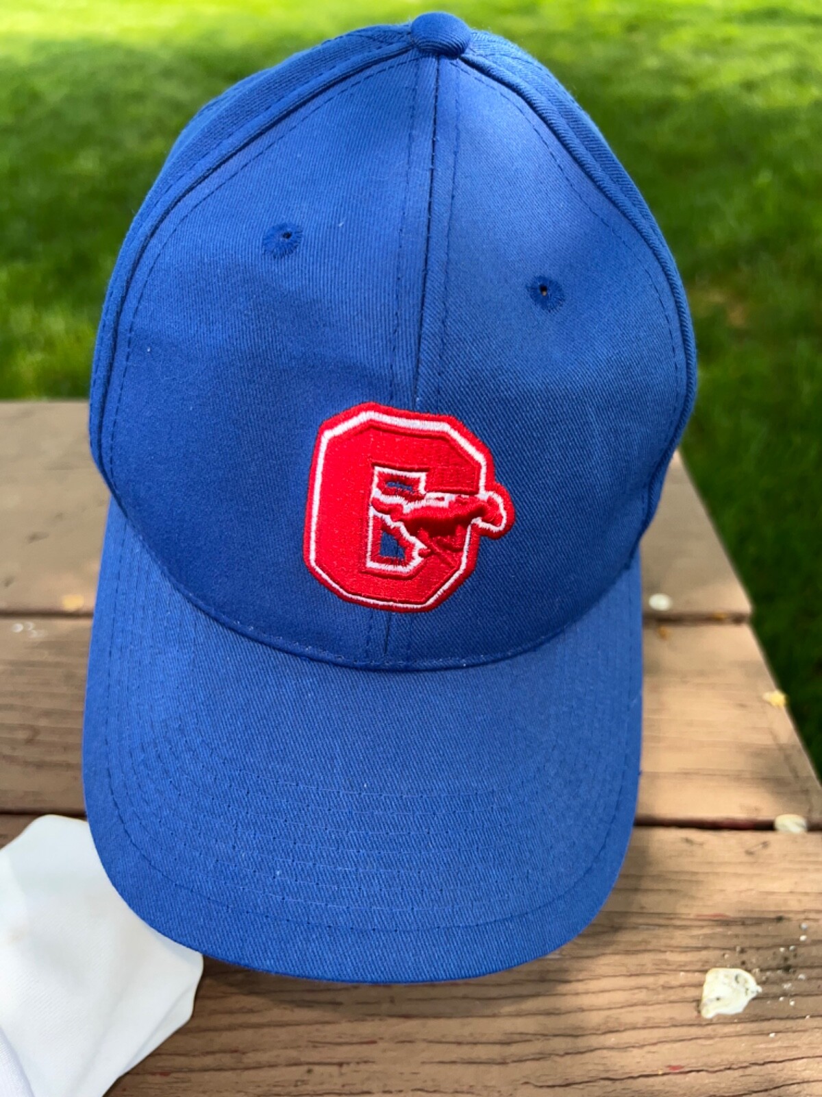 Red C and Horse Emblem on Royal Blue Eco Hat Cap Hook Loop 100% Recycled EUC